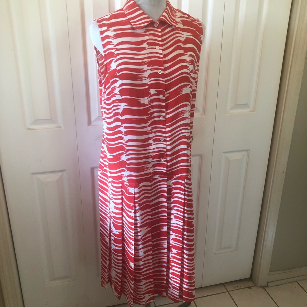 CAbi Red & White Sleeveless Button-Front Midi Dress